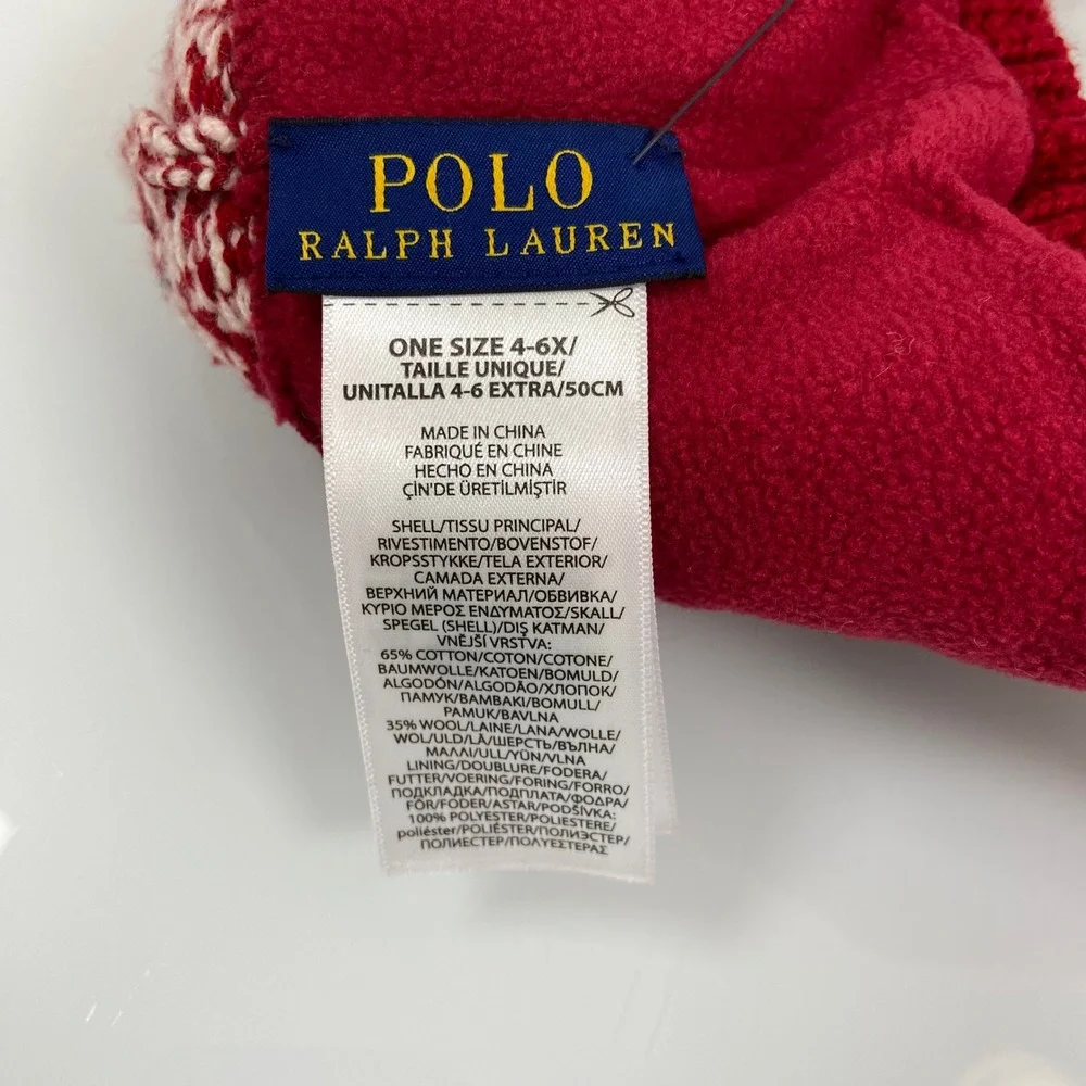 Polo Ralph Lauren Kids 4-6X Red‎ Fair Isle Earflap Hat NWT Reindeer Fleece Lined